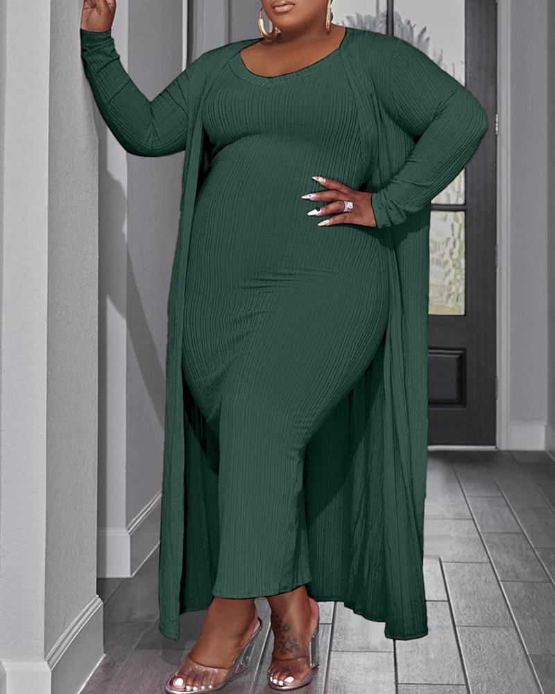 

Plus Size Sleeveless Maxi Dress & Open Front Longline Cardigan Set, Green