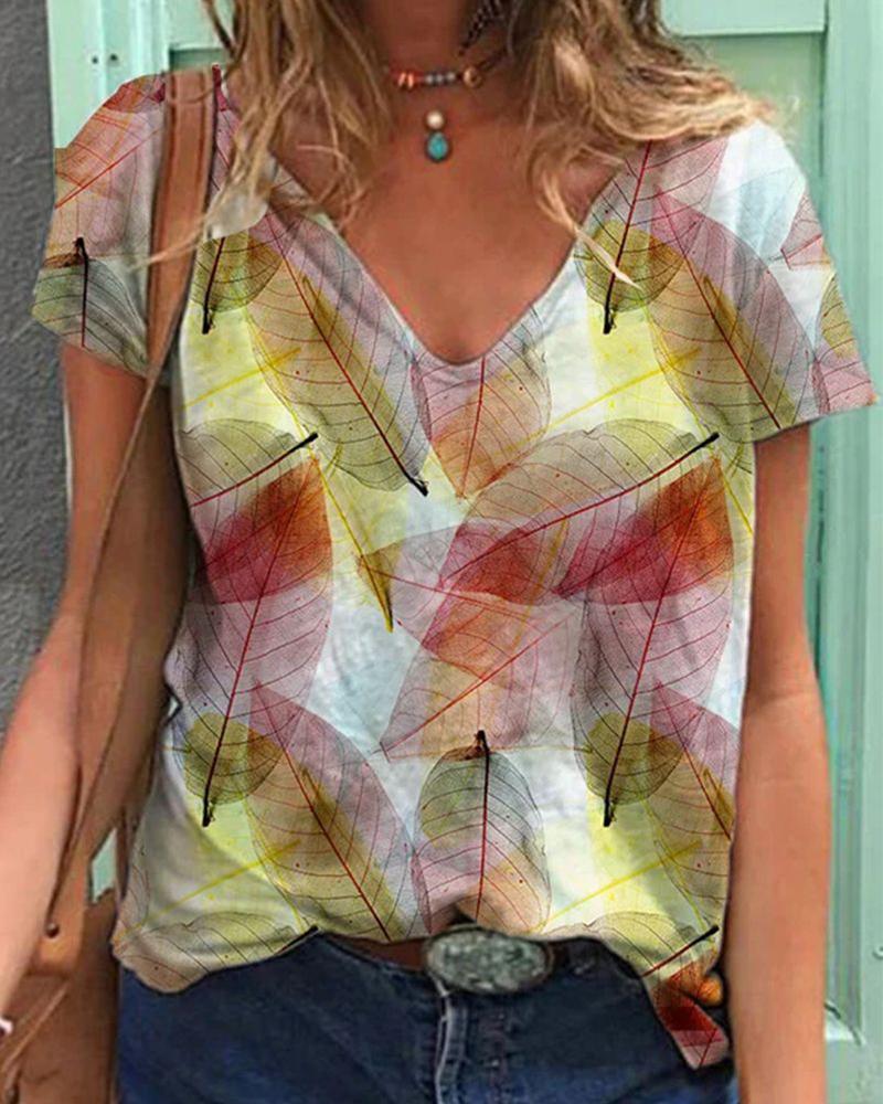 

Multicolor Leaf Print Short Sleeve Loose T-shirts