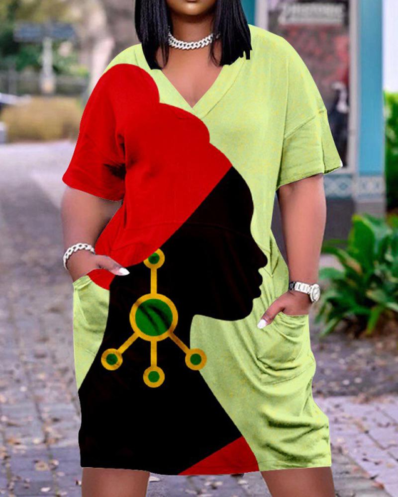 

Plus Size Figure Print Pocket Detail Casual Dress, Green