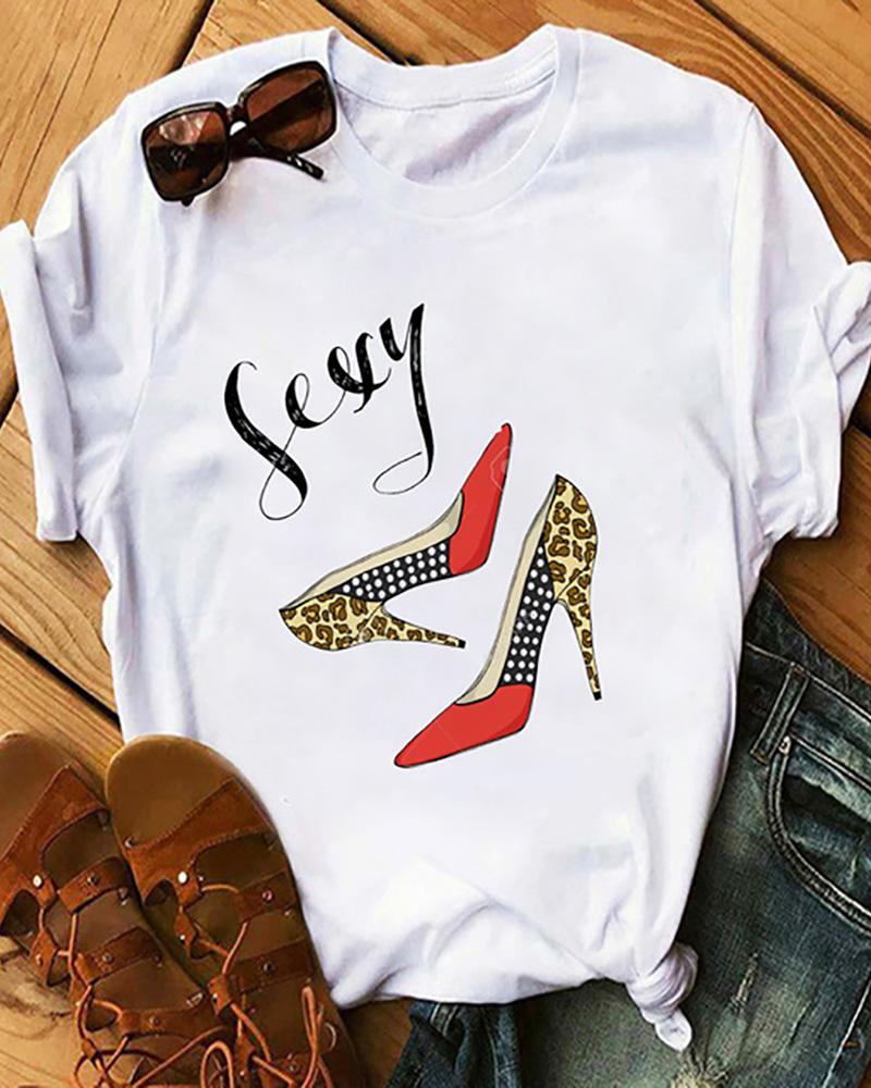 

Floral / Letter / Heels Print Short Sleeve Casual T-Shirt, Style7