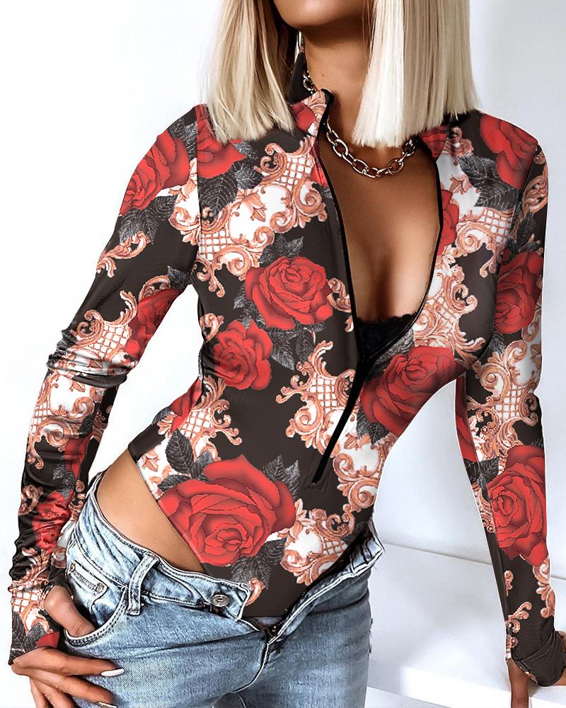 

Floral Print Zipper Design Thumb Hole Skinny Bodysuit Chic Long Sleeve Mock Neck Daily Print Bodysuit, Black