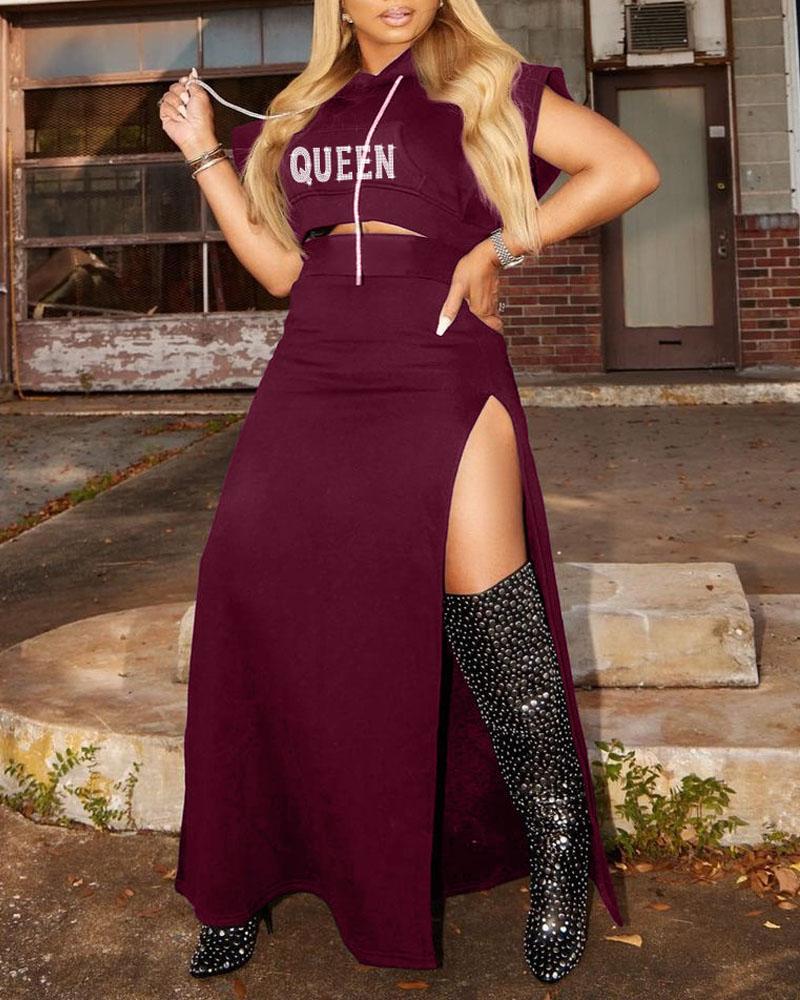 

Rhinestone Letter Pattern Crop Top & High Slit Skirt Set, Wine red