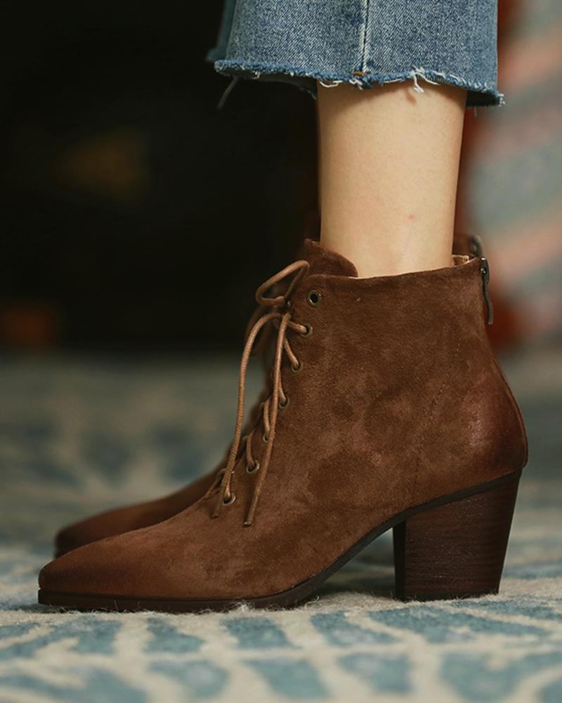 

Suede Pointed Toe Lace-up Front Chunky Boots, Khaki