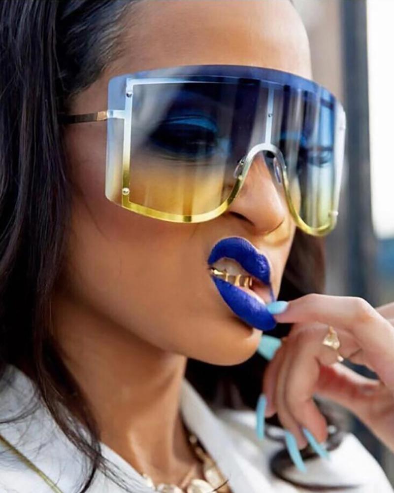 

1Pair Ombre Colorblock Rimless Shield Sunglasses, Blue