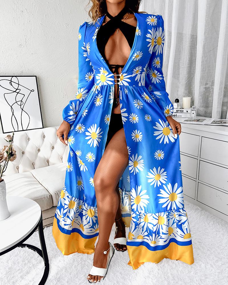 

High Slit Daisy Print Puff Lantern Sleeve Dress, Blue