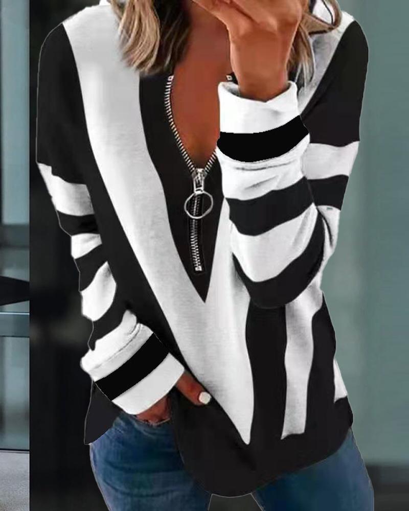 

Striped Print Zipper Front Long Sleeve Top, White