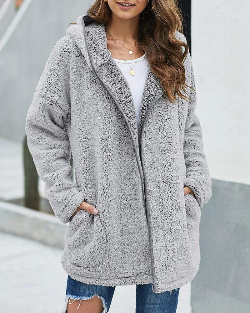 

Pocket Design Long Sleeve Hooded Casual Teddy Coat, Light gray