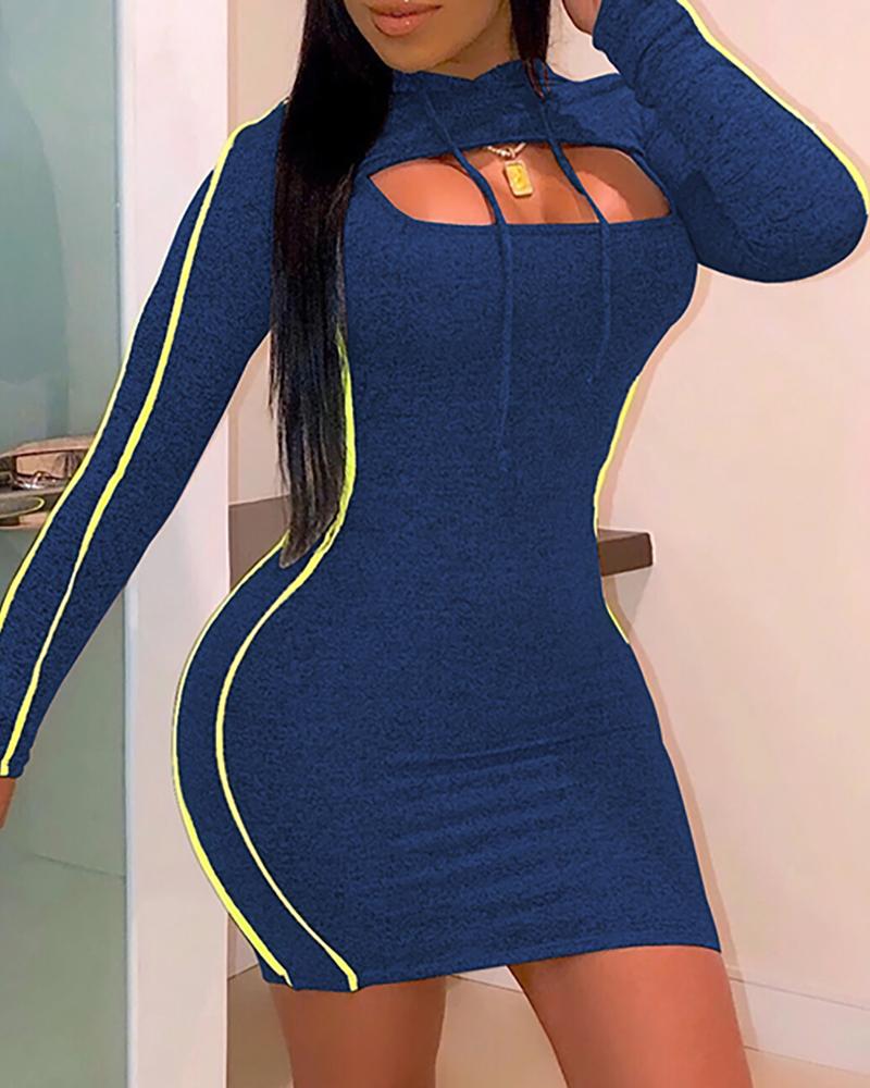 

Colorblock Hooded Long Sleeve Bodycon Dress(2PCS), Blue