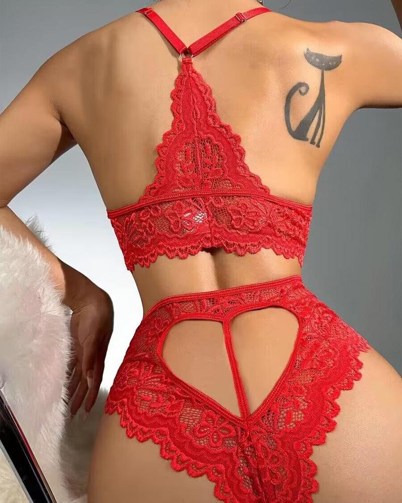 

Bow Decor Cutout Lace Lingerie Set, Red