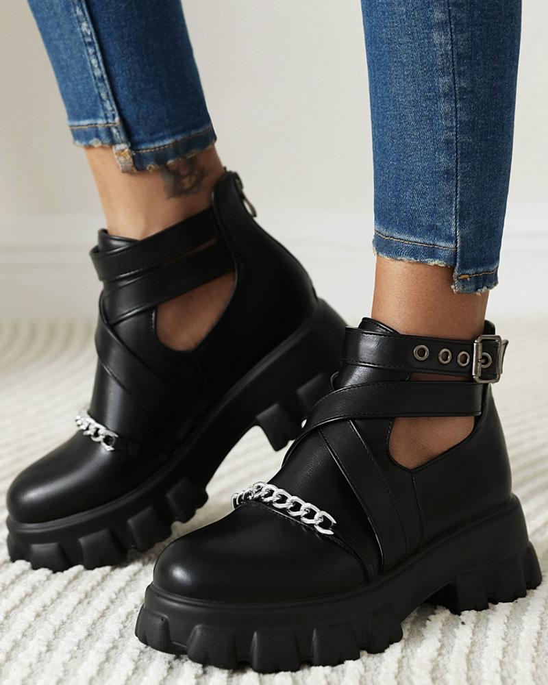 

Womens Chain Cross Straps Decor Round Toe Hollow-out Martin Boots, Black