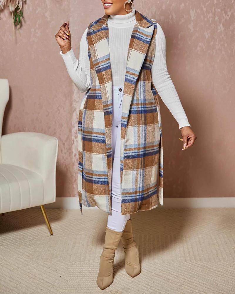 

Plaid Print Belted Longline Vest Coat, Khaki