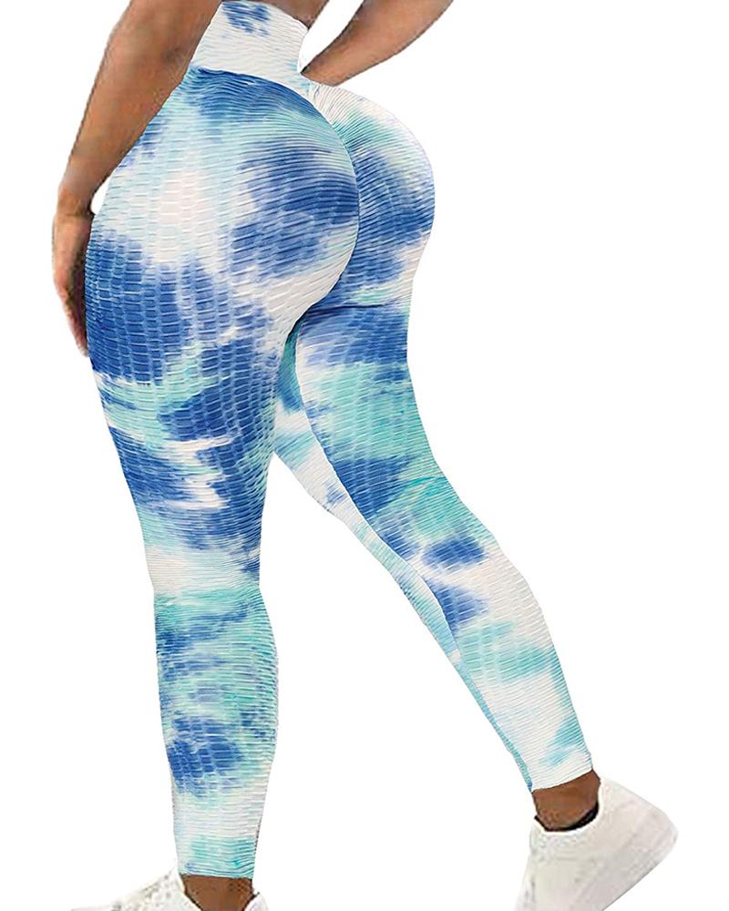 

Tie Dye Print Bubble Textured High Waist Yoga Pants Tummy Control Slimming Booty Leggings, Lighted blue