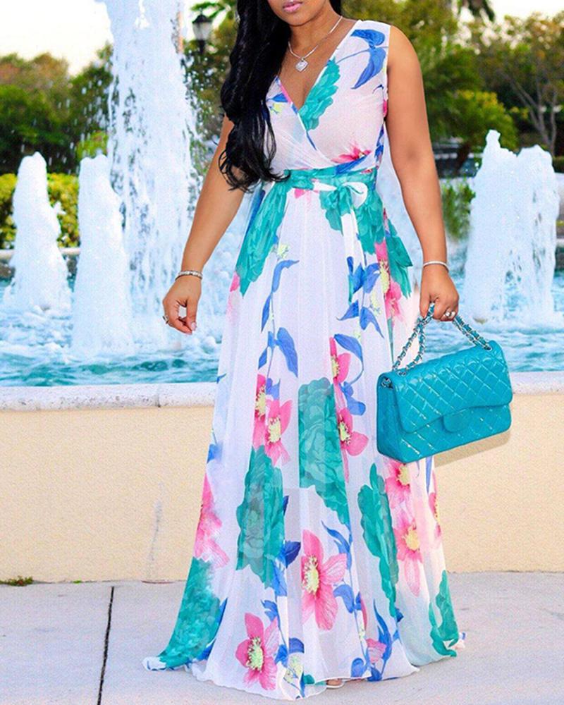 

Floral Print Mesh Sleeveless Maxi Women Dress, White