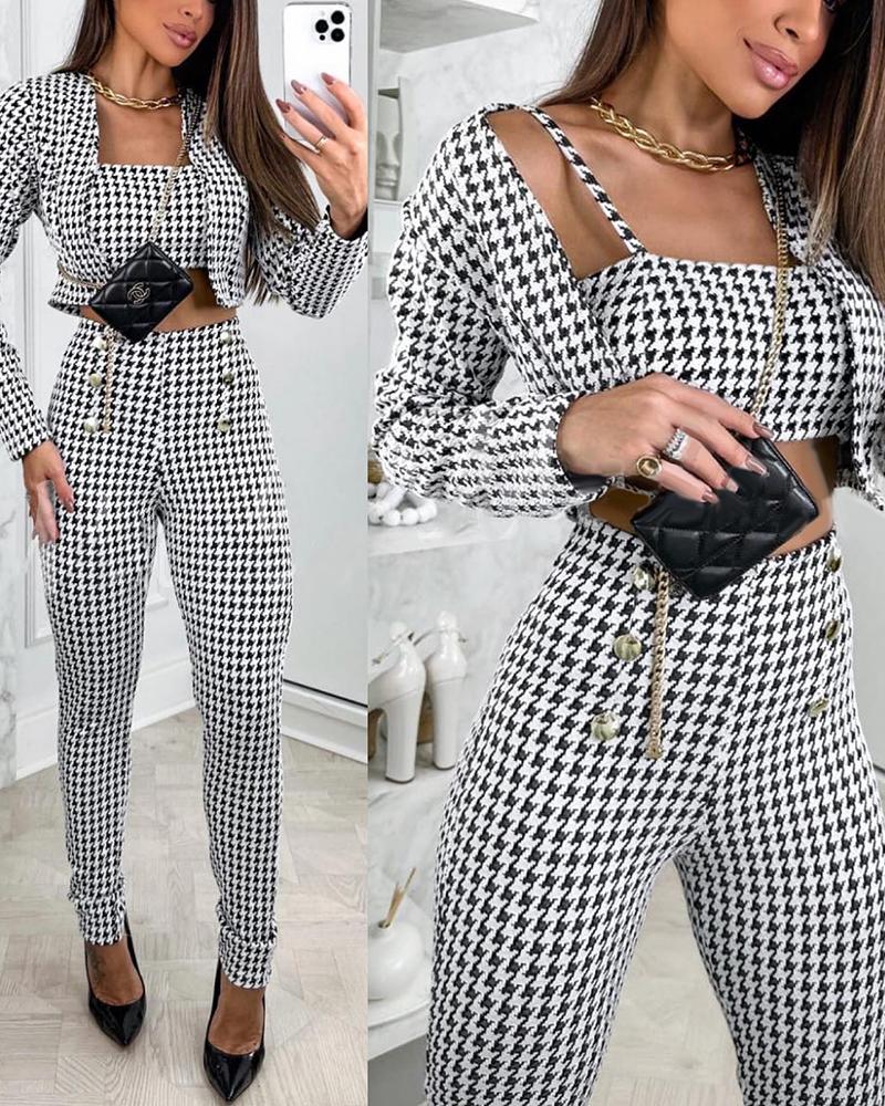 

3PCS Houndstooth Print Crop Tank Top & Pants Set With Coat, Black