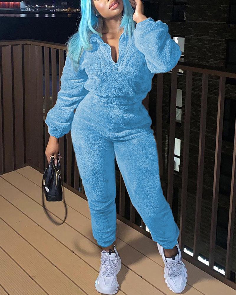 

Long Sleeve Zipper Design Fluffy Top & High Waist Pants Set, Blue