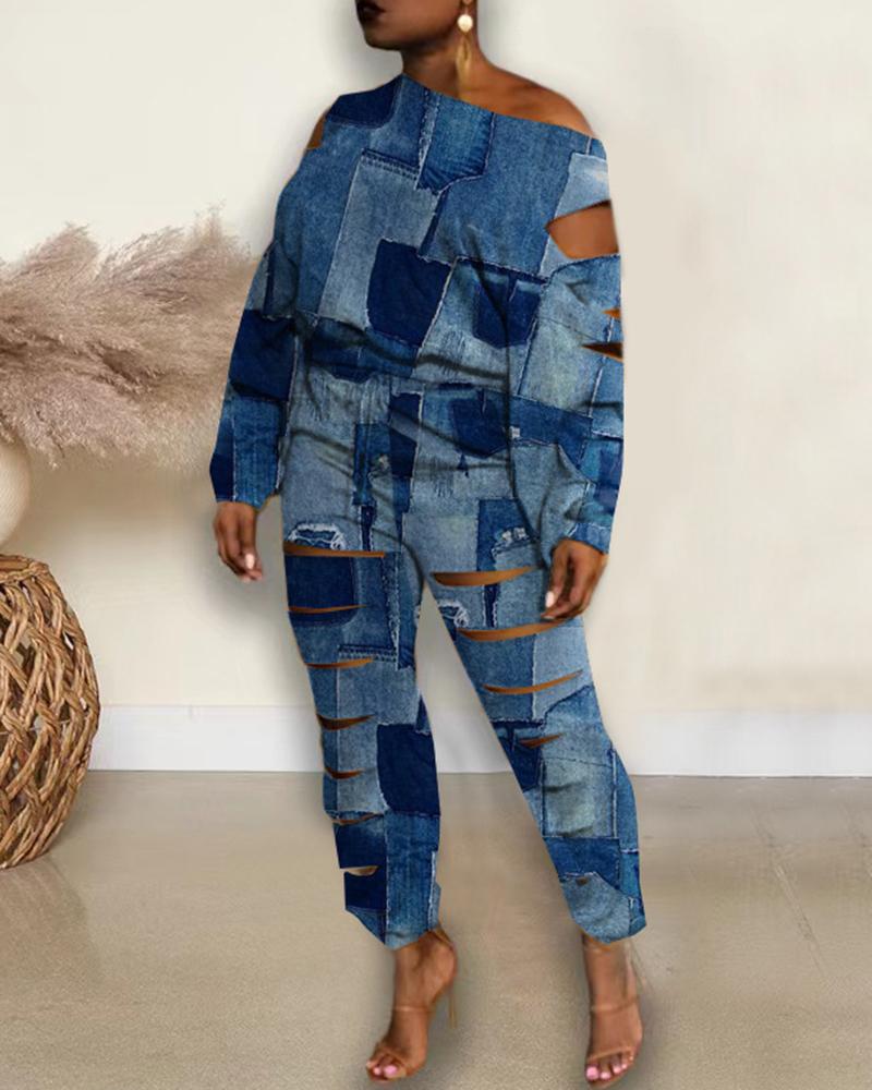 

Denim Print Cold Shoulder Ladder Cutout Top & Pants Set, Blue