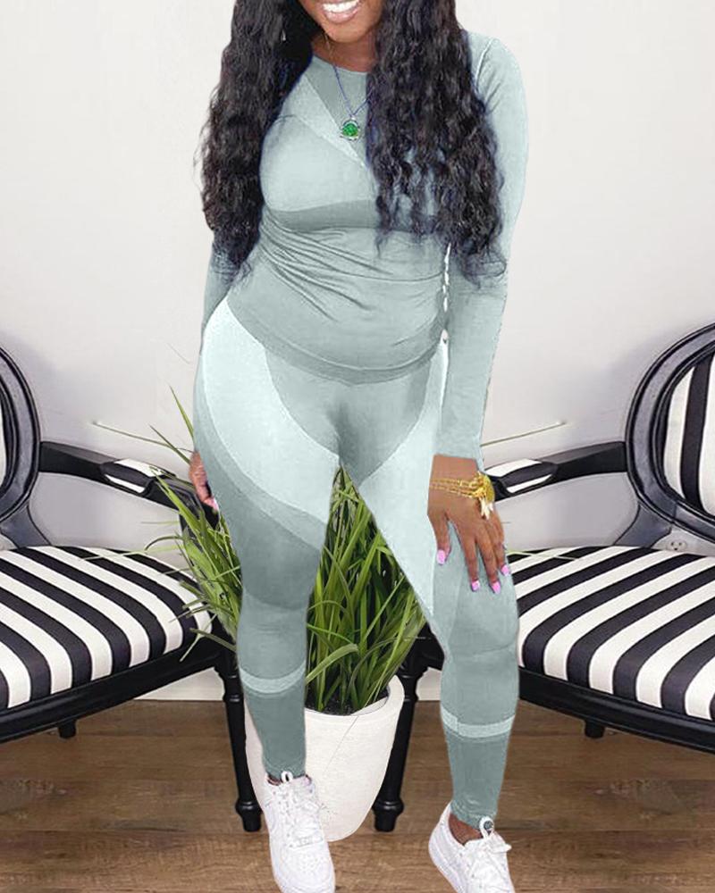 

Plus Size Contrast Paneled Long Sleeve Top & Pants Set, Green