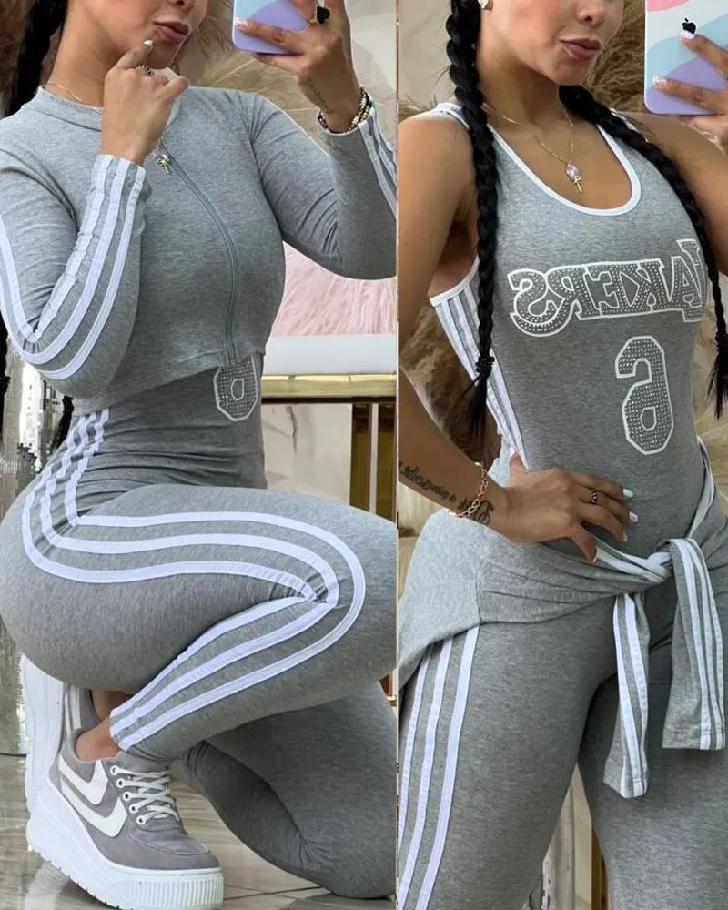 

Letter Print Side Striped Rhinestone Top & Jumpsuit Set, Gray