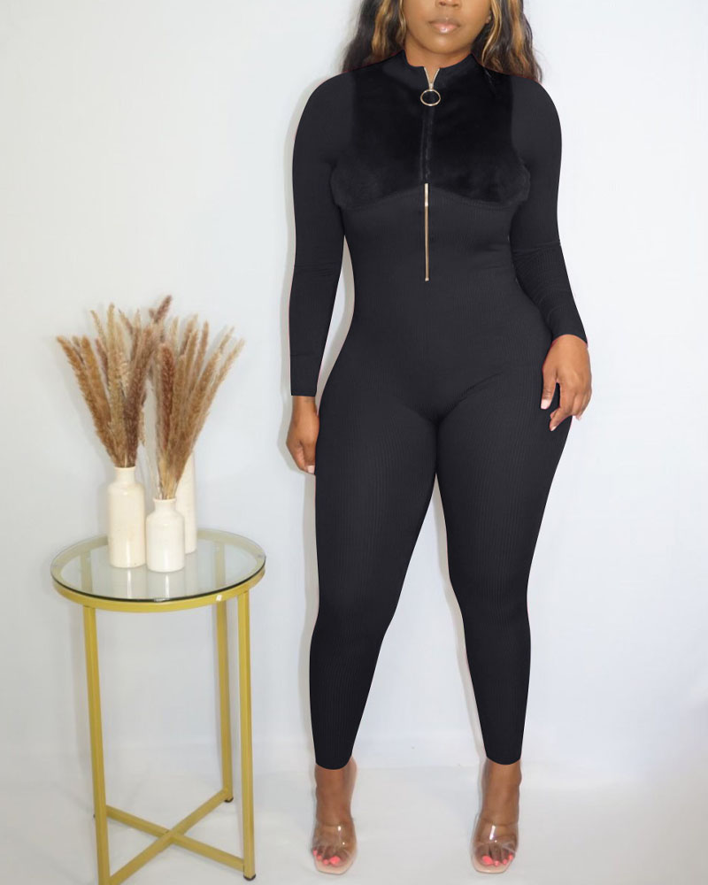 

Zip Front Flannel Patch Ribbed Skinny Jumpsuit, Black