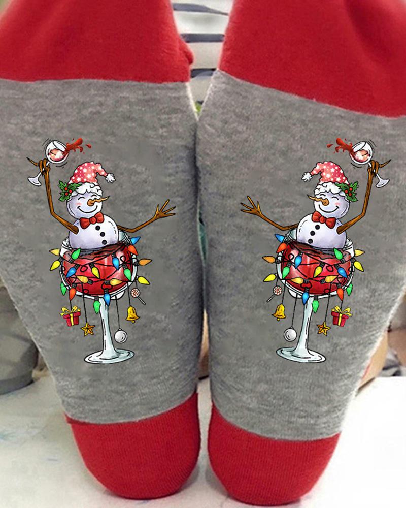 

1Pair Christmas Snowman Wine Glass Print Crew Socks, Style2