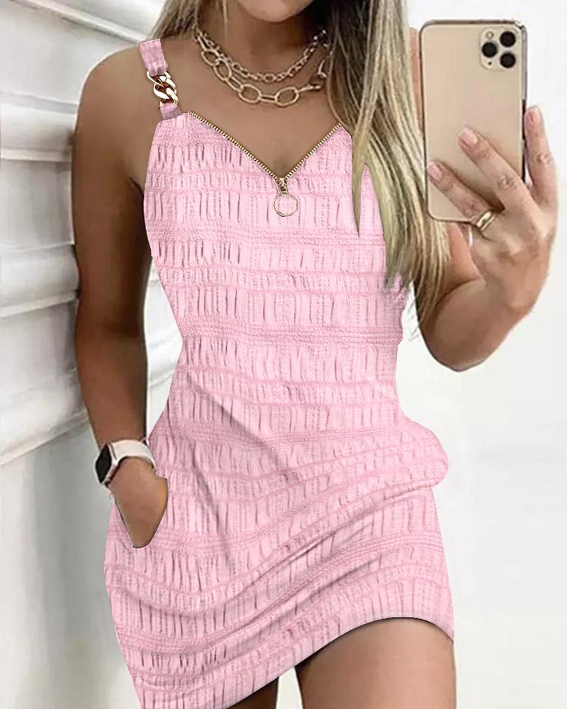 

Zipper Design Textured Suspender Dress, Pink