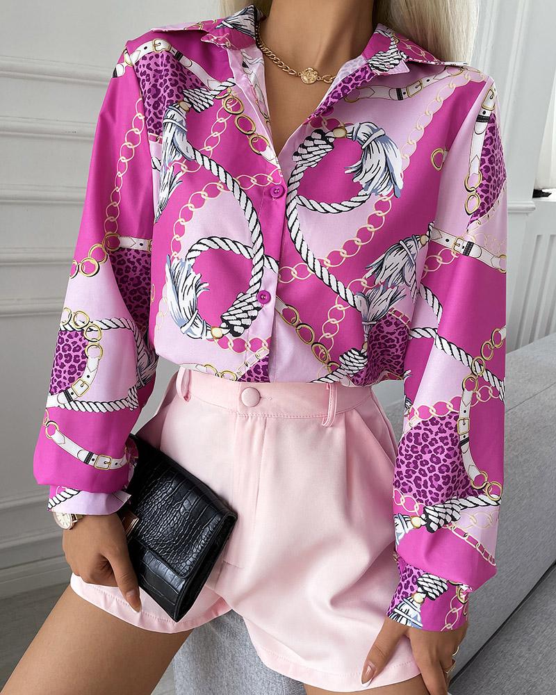 

Chain Print Button Front Top & Shorts Set, Pink