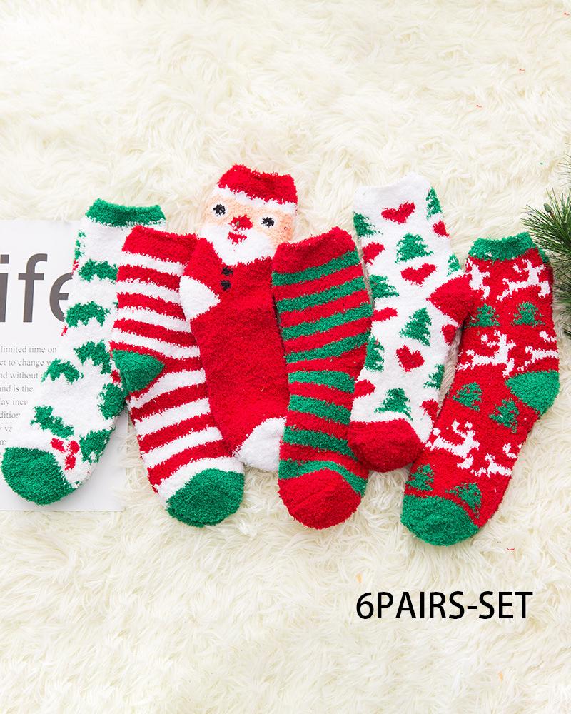 

6Pairs Christmas Cartoon Graphic Heart Striped Fuzzy Thermal Socks Set, Red