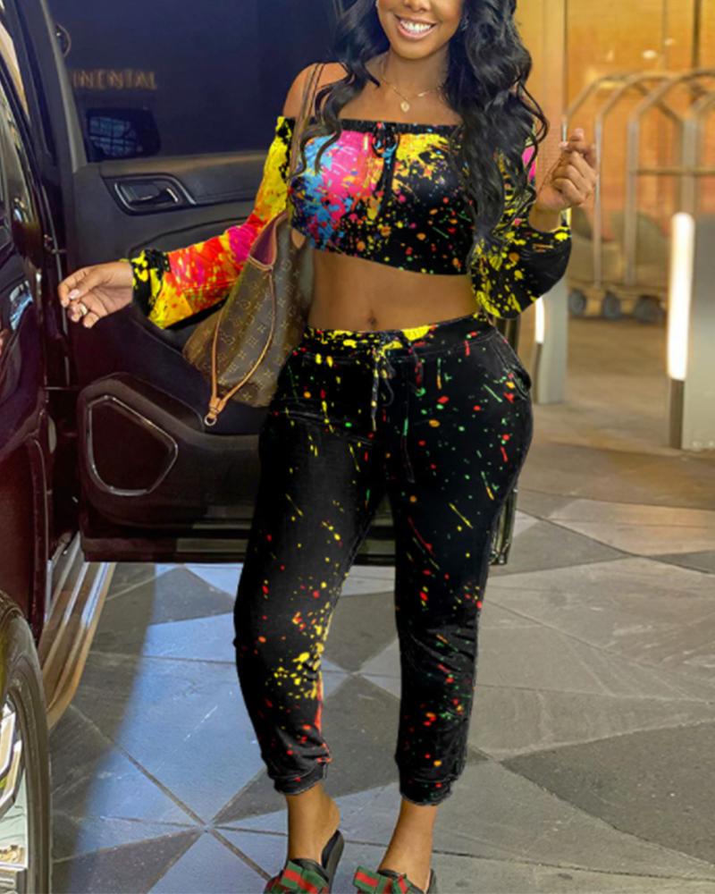

Ink Splash Print Off Shoulder Crop Top & Pants Set, Black