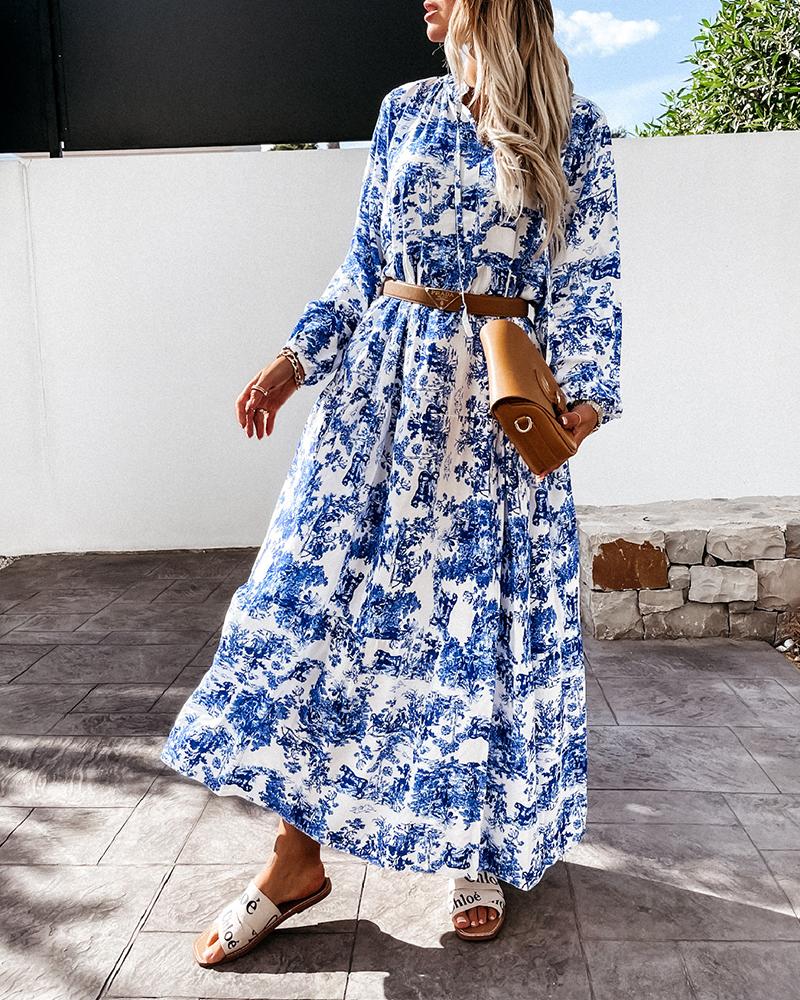 

All Over Print Tie Neck Long Sleeve Maxi Dress, Blue