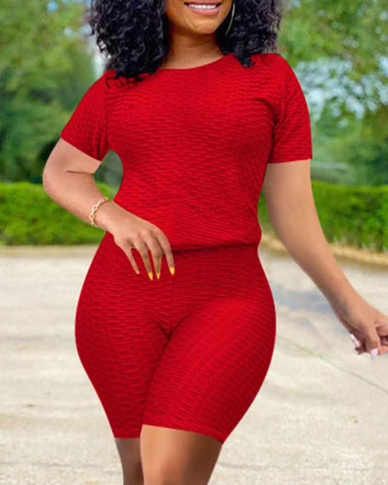 

Bubble Textured Short Sleeve Butt Lifting Active Sets, Red