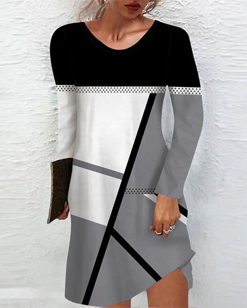 

Geometric Print Long Sleeve Casual Dress, Gray