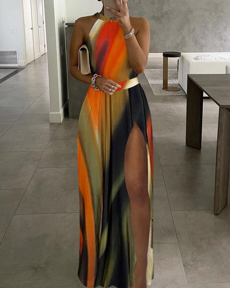 

Tie Dye Print Sleeveless High Slit Maxi Dress, Multicolor