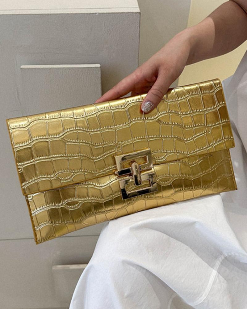 

Crocodile Press Lock Envelop Flap Clutch Bag, Gold