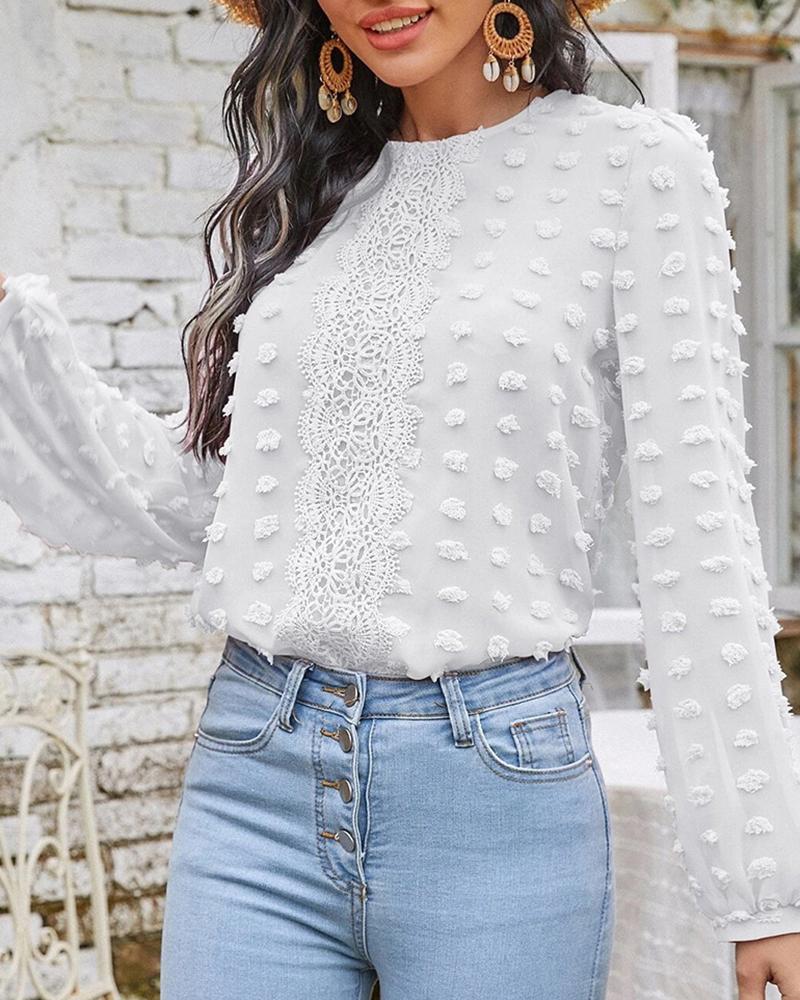

Swiss Dot Lace Patch Long Sleeve Top, White