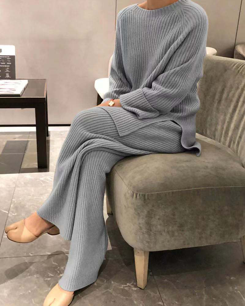 

Long Sleeve Slit Knit Top & Pants Set, Gray