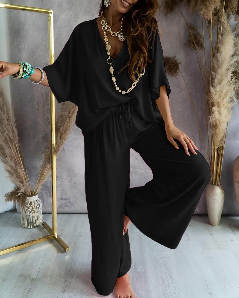 

V-Neck Batwing Sleeve Top & Casual Pants Set, Black