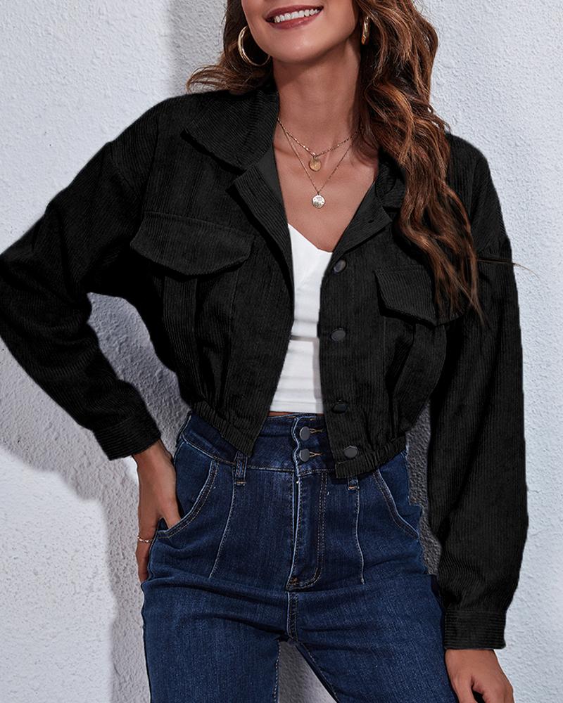 

Corduroy Long Sleeve Crop Shacket, Black
