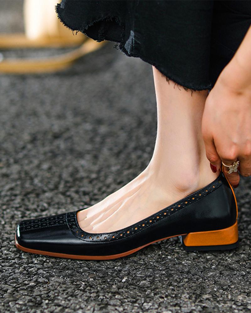 

Hollow Out Square Toe Chunky Loafers, Black