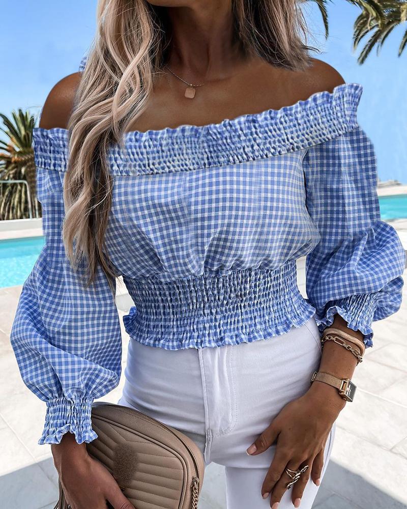 

Off Shoulder Shirring Detail Lantern Sleeve Plaid Top, Blue