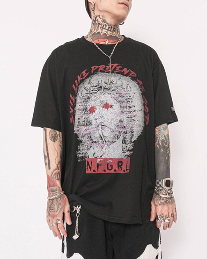 

Abstract Cartoon Print Short Sleeve T-shirt, Black