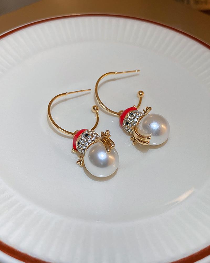 

1Pair Christmas Rhinestone Pearls Snowman Drop Earrings, White