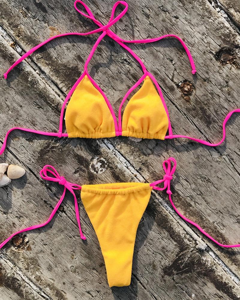 

Contrast Binding Tied Detail Halter Bikini Set, Yellow