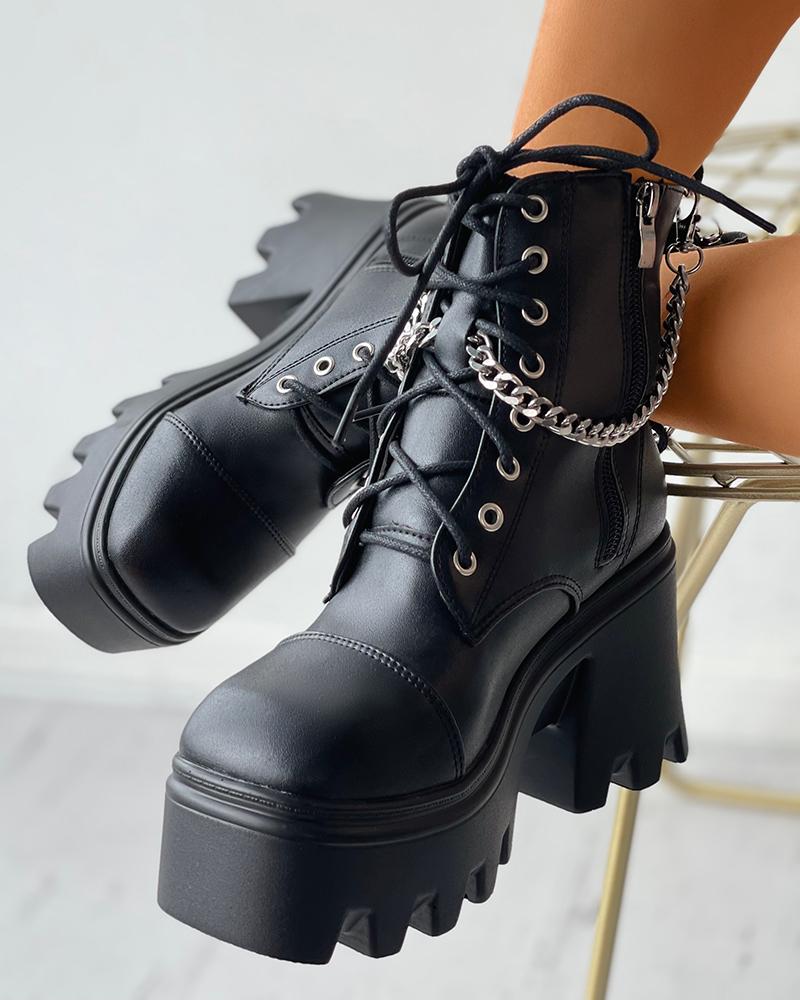

Eyelet Lace-up Chain Decor Zipper Design Combat Boots, Black
