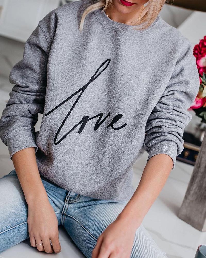 

Letter Print Long Sleeve Casual Top, Gray