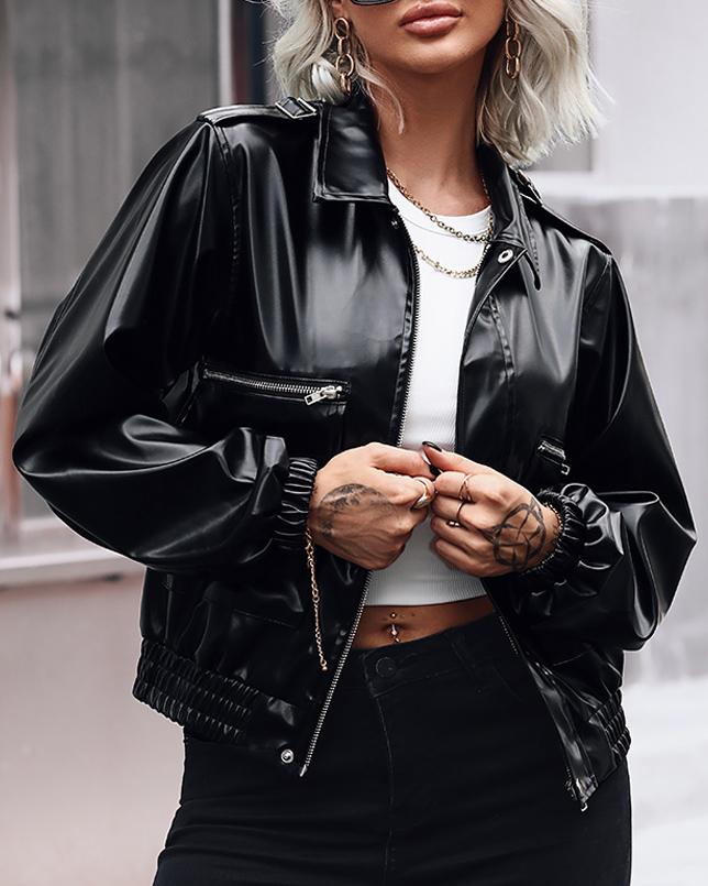 

PU Leather Zipper Pocket Design Jacket, Black