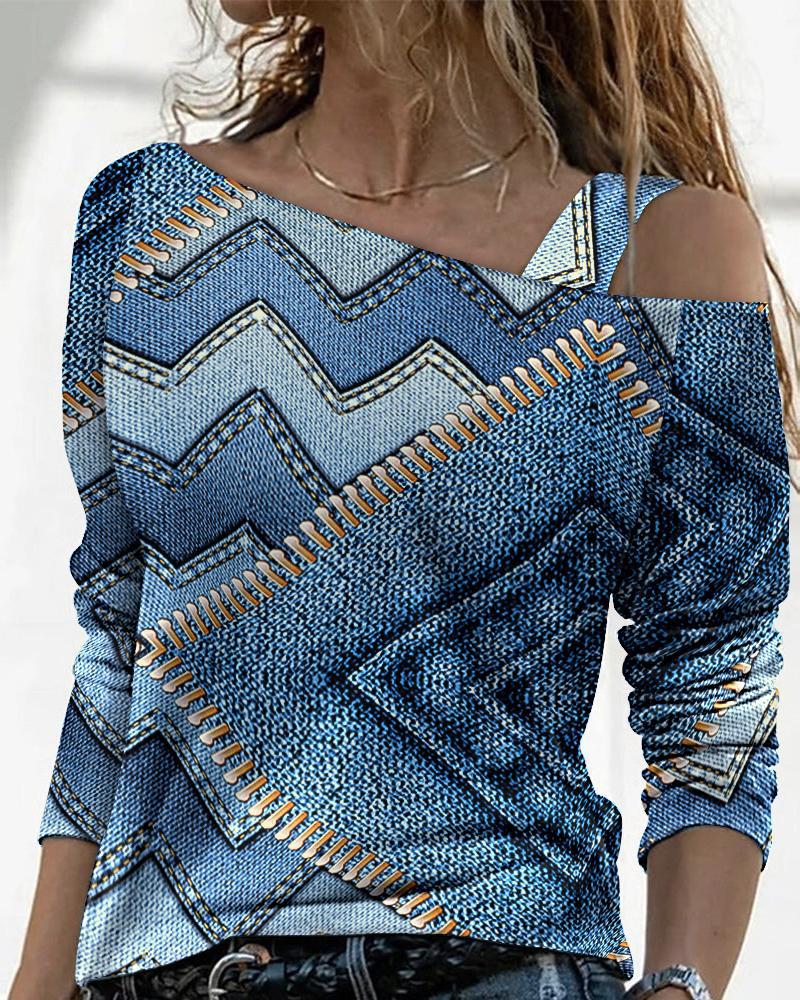 

Denim Look Print Cold Shoulder Top, Blue