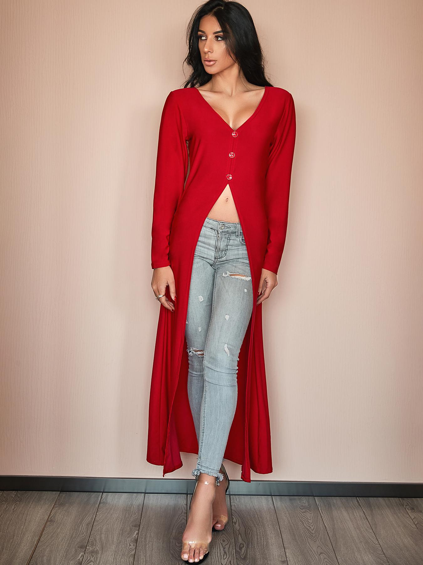 

Deep V Neck High Slit Casua Blouse, Black;yellow