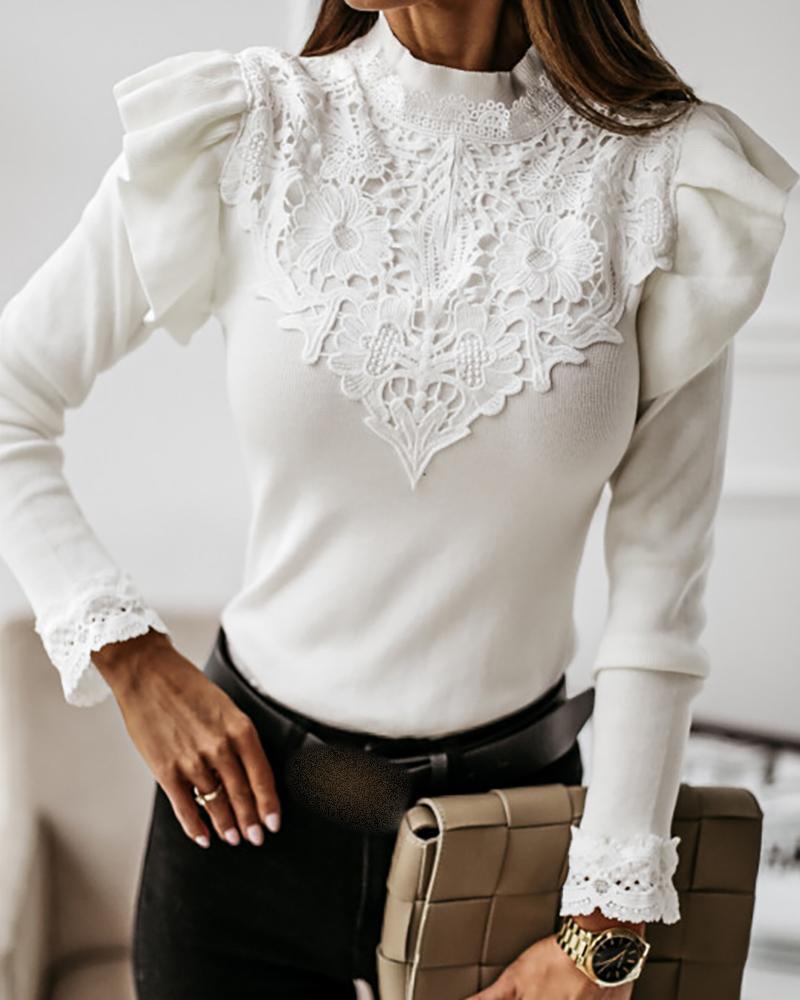 

Crochet Lace Ruffles Trim Long Sleeve Sweater, White