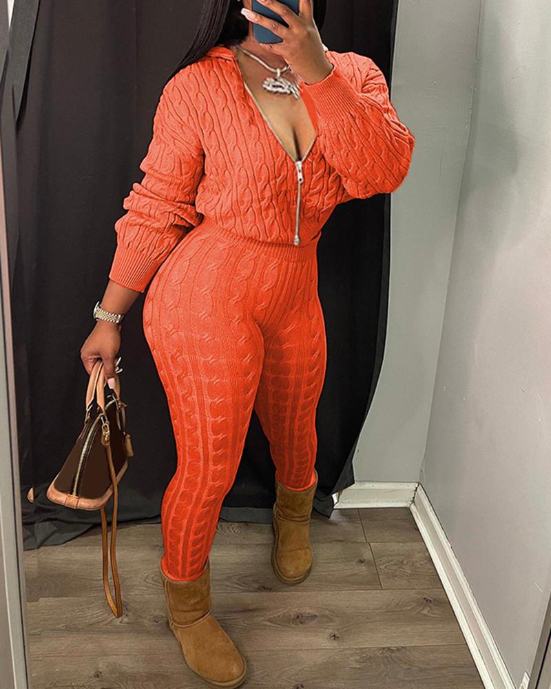 

Braided Knit Hooded Sweater & High Waist Pants Set, Orange