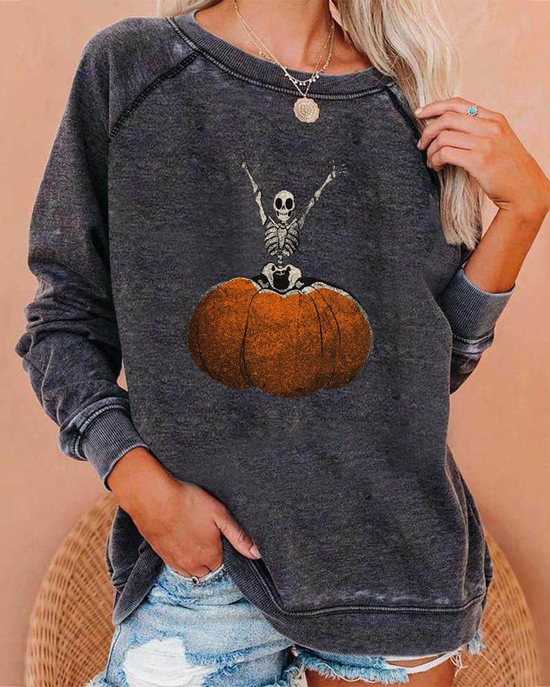 

Plus Size Halloween Skeleton Pumpkin Print Sweatshirt, Gray